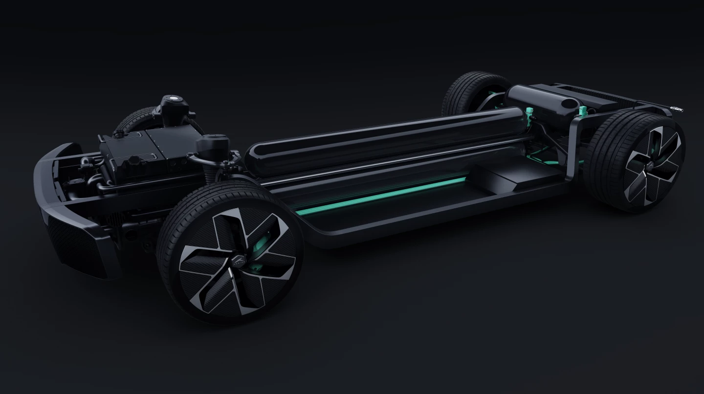 One large 700-bar hydrogen tank runs up the middle of the floor, and a second sits sideways at the back of the car