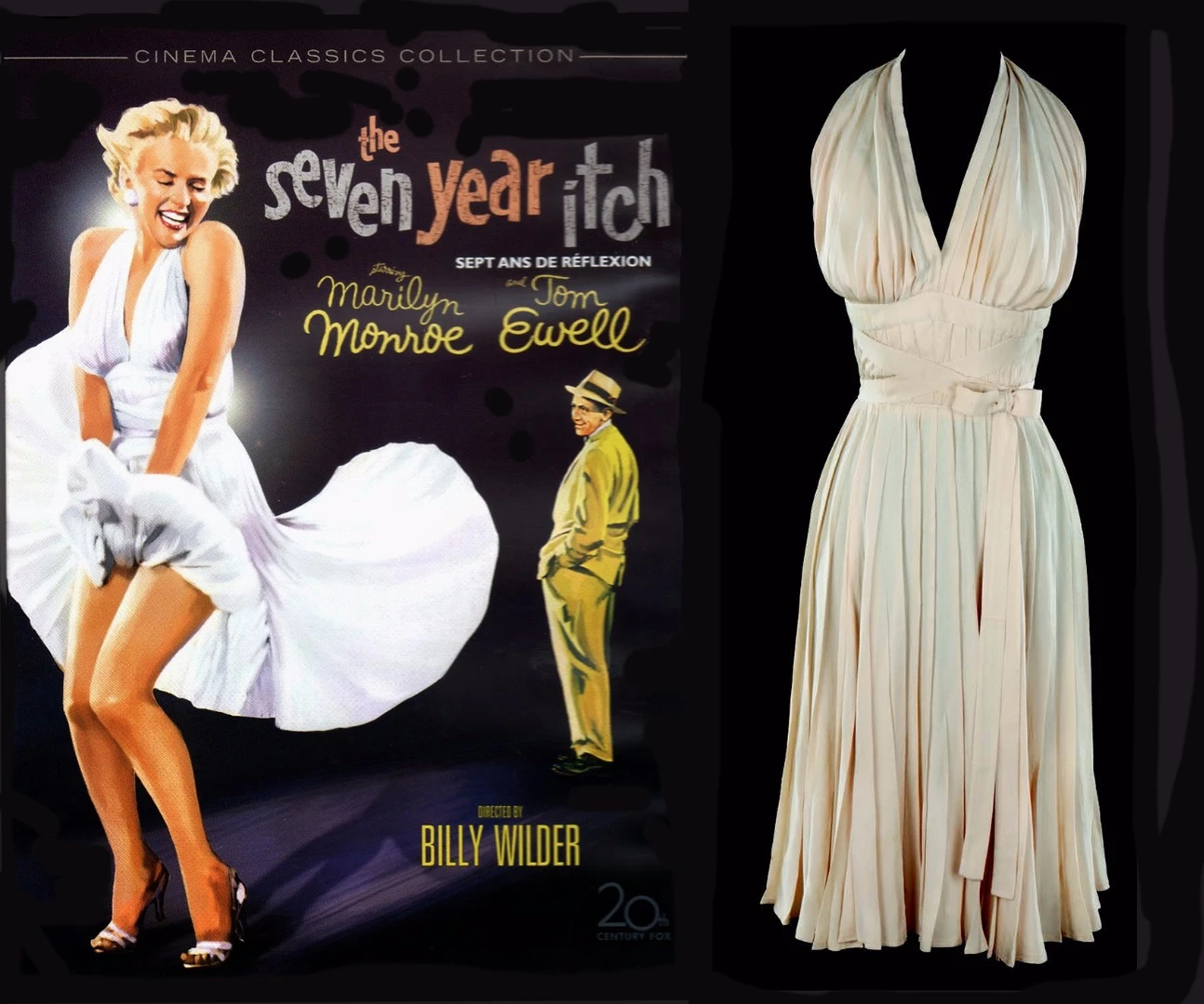 This rayon crepe halter dress with pleated skirt by Travilla is currently the most expensive item of clothing ever sold! It was worn in the 1955 movie The Seven Year Itch by Marilyn Monroe, who played the female lead role while Tom Ewell played the male lead. Tom now rates only a footnote in cinematic history, while Marilyn's subway grate scene became one of the most recognizable images in modern society.