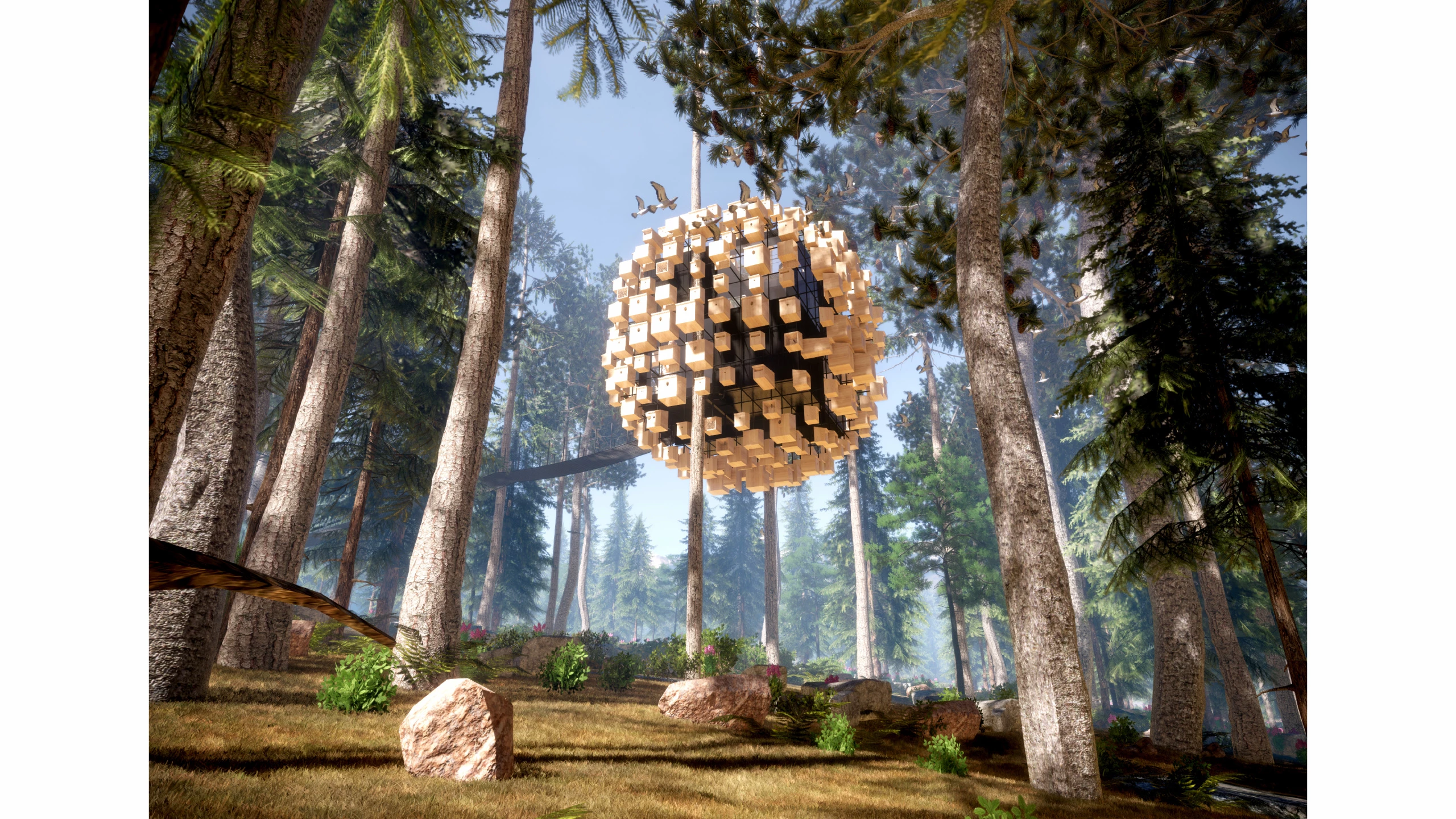 Biosphere will be suspended from the pine trees