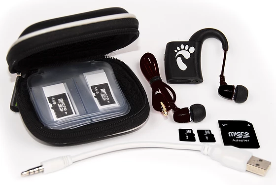 Each player is supplied with two 4 GB media cards to get you started, a USB charging cable and a carry case