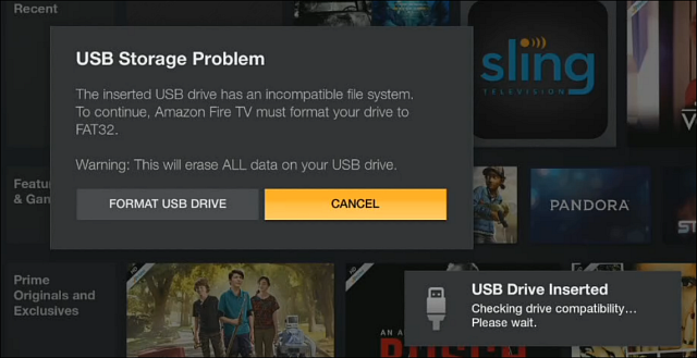 The Fire TV will format your usb flash drive