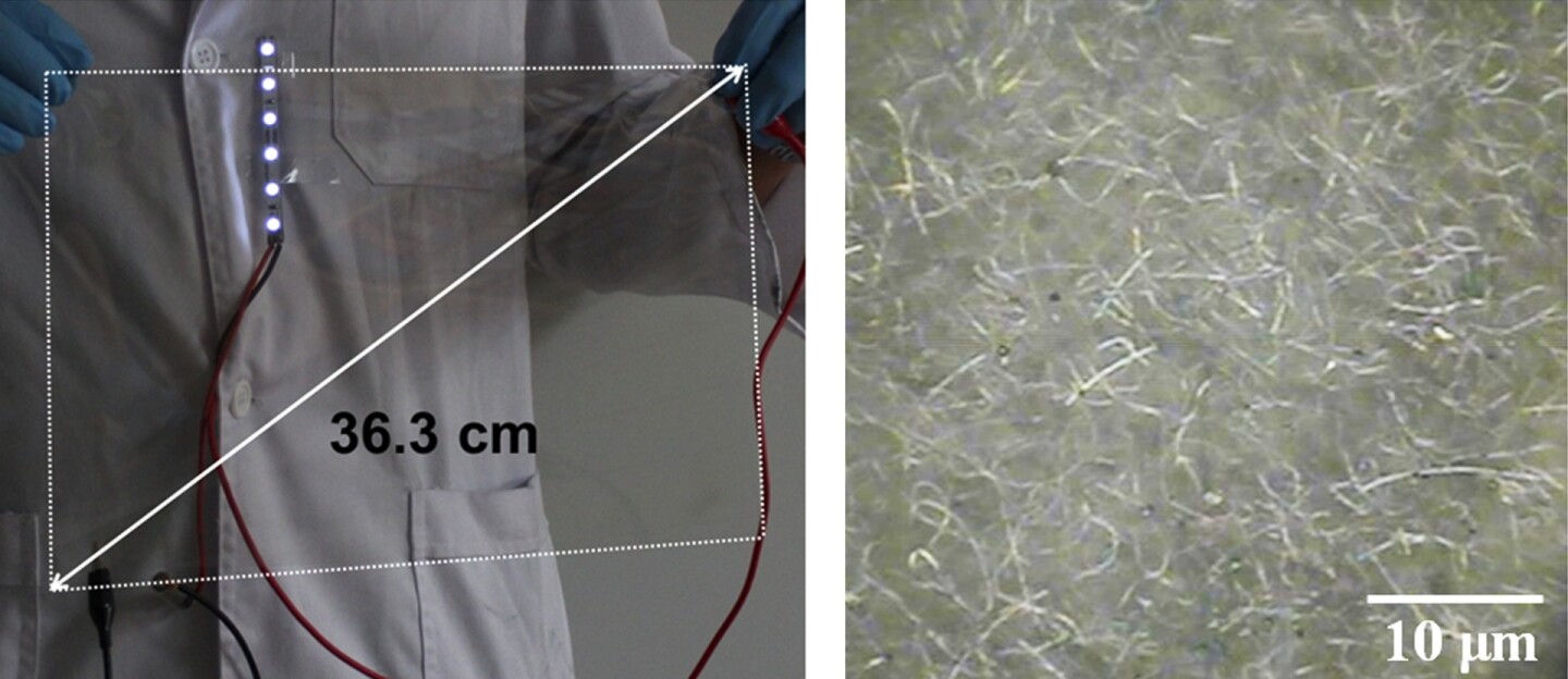 A researcher holds a large-scale version of the transparent film on the left, while the right side shows the silver nanoparticles under magnification