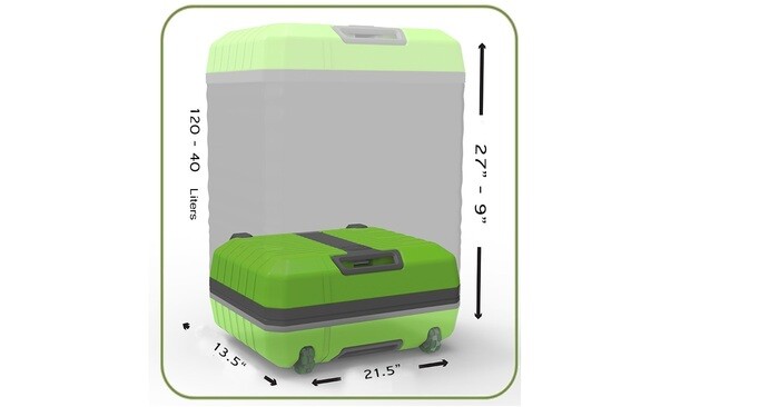 The Fugu Luggage extends from 9 in (23 cm) high to 27 in (68 cm) high