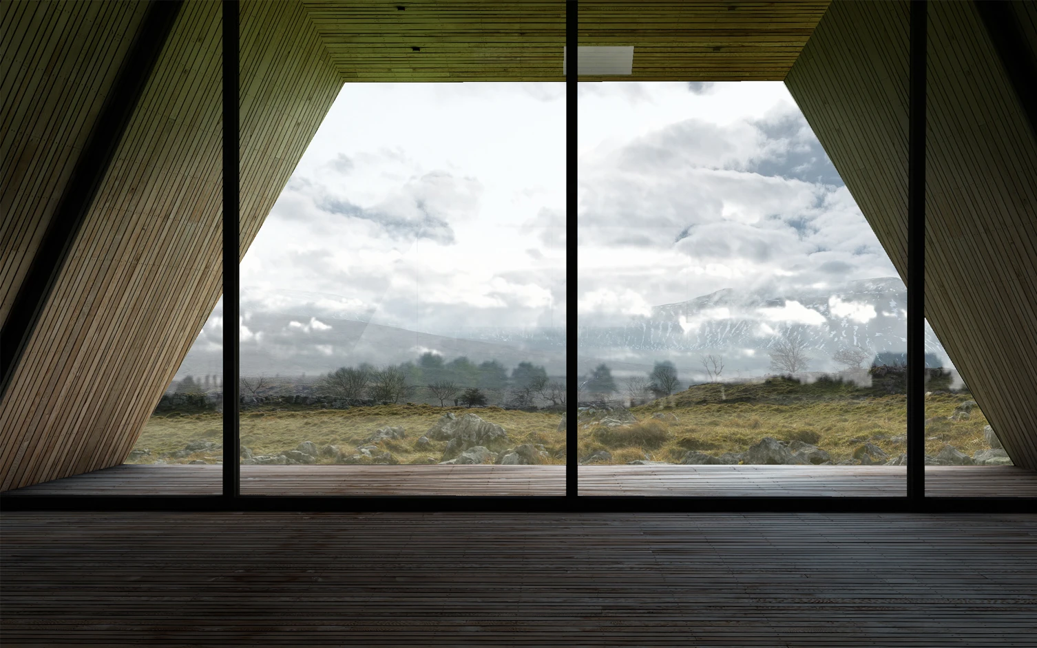 Jutt House features a large open interior lounge and kitchen area with a log fire and feature glass wall and outdoor terrace