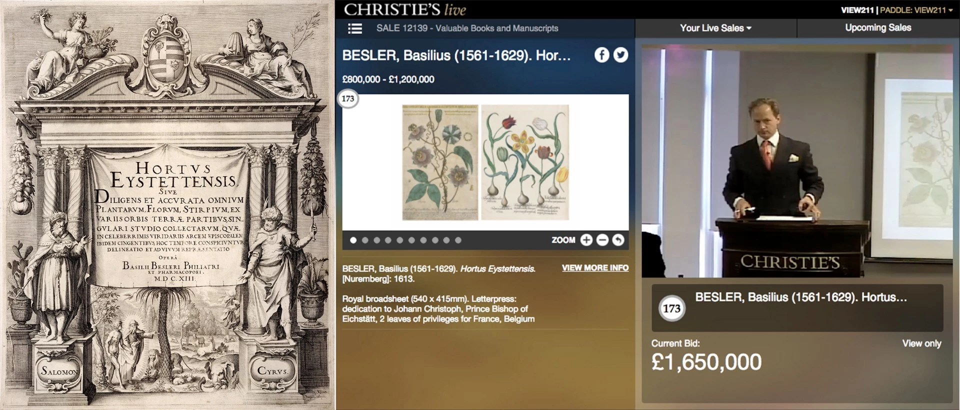 Auctioned: Christies (London), July, 2016One of just 15 complete copies of the "most famous flower book in the world", this copy of the 400 year-old Hortus Eystettensis (Garden of Eichstätt) by Basilius Besler fetched GBP£1,930,500 ($2,550,247) at a Christies (London) auction in July, 2016. The book was a newly discovered copy of what the auction description termed "the most celebrated florilegium ever published", and what a find it was, being a deluxe colored copy of the first edition still in it's original binding.