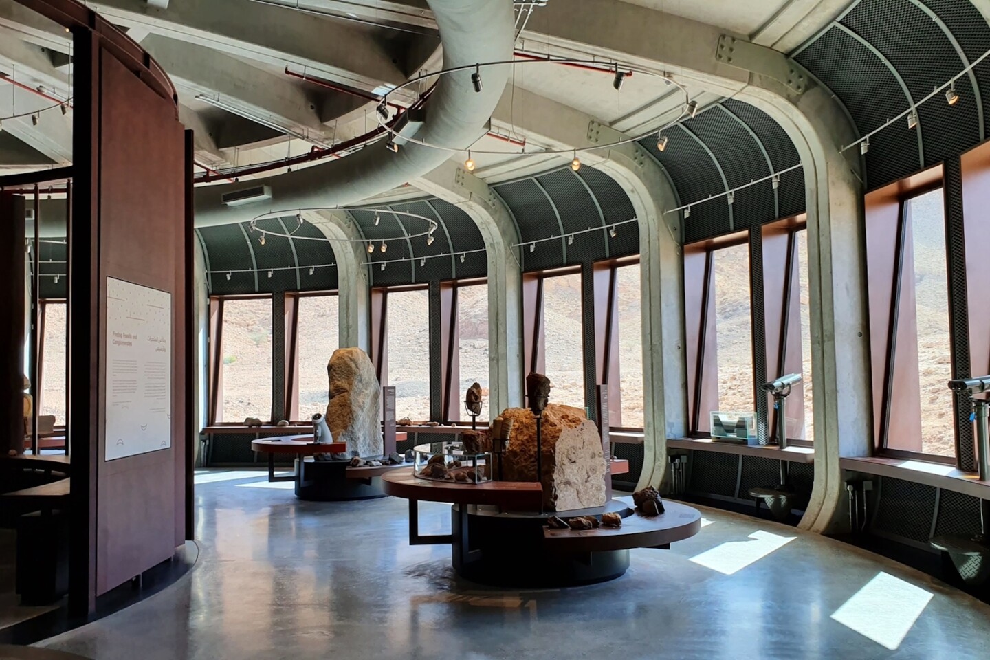 The Buhais Geology Park's interior includes exhibition areas, an immersive theater and a cafe with choice views of the area, as well as other facilities