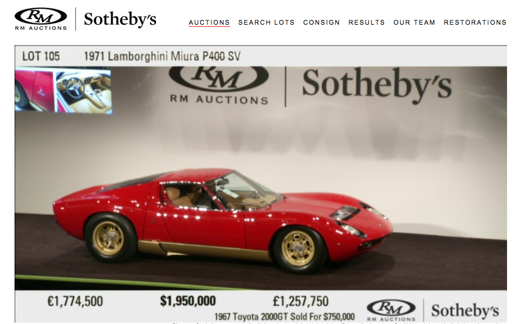 This 1971 Lamborghini Miura P400 SV was expected to be the top selling Miura of the week but was pipped by the Mecum Miura. It still fetched $2.475 million