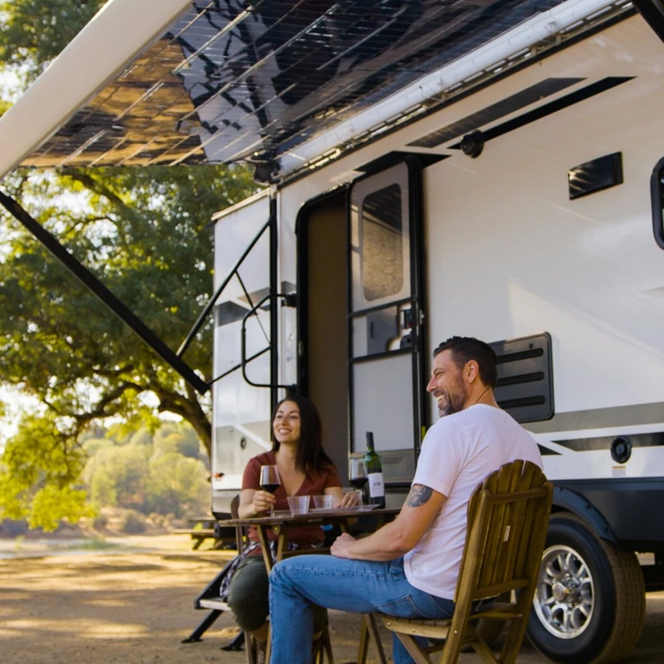 The Xpanse awning is designed to work like a regular awning in providing shade while delivering usable power all the while