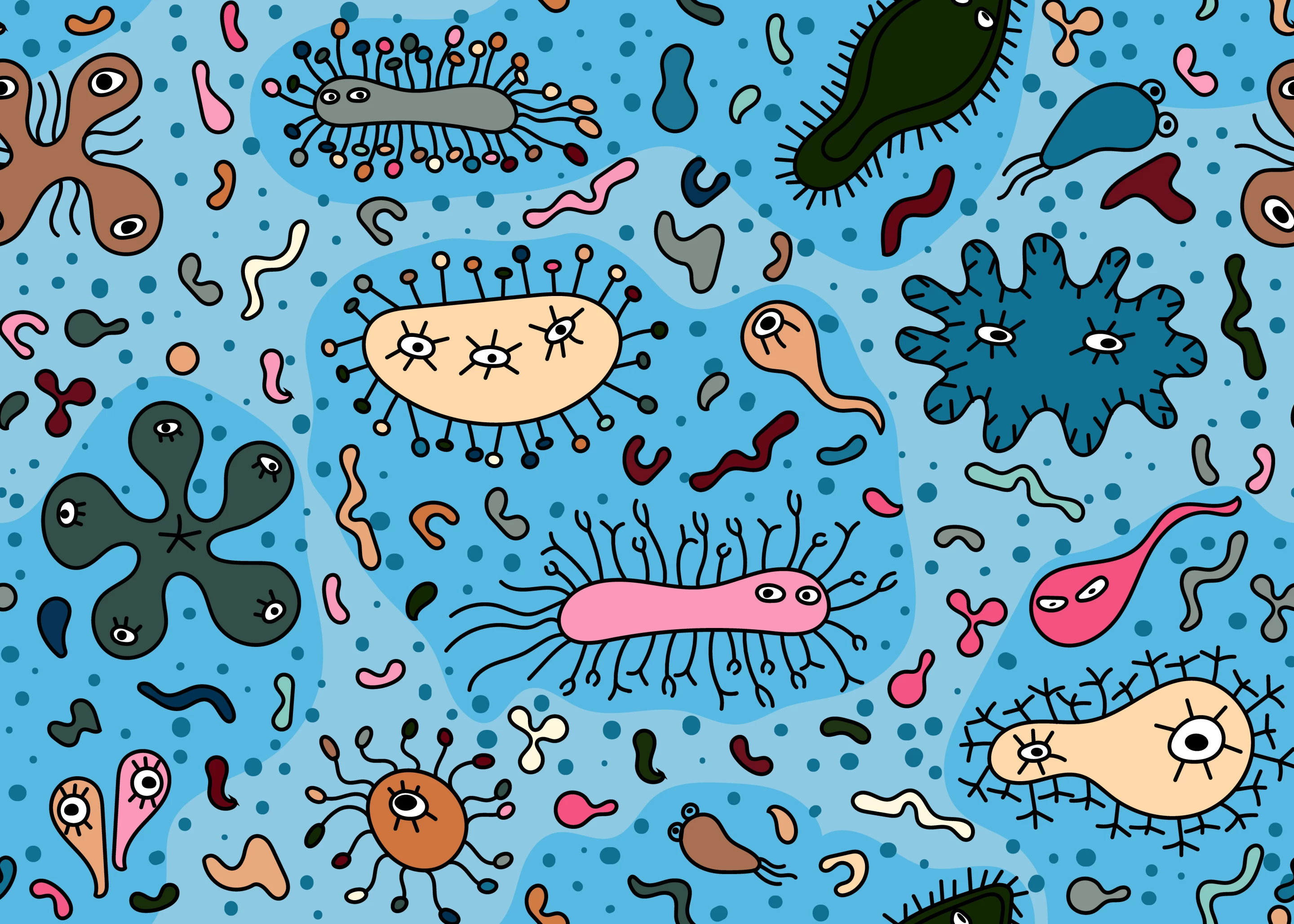 Hand drawn seamless bacterium pattern. Vector illustration