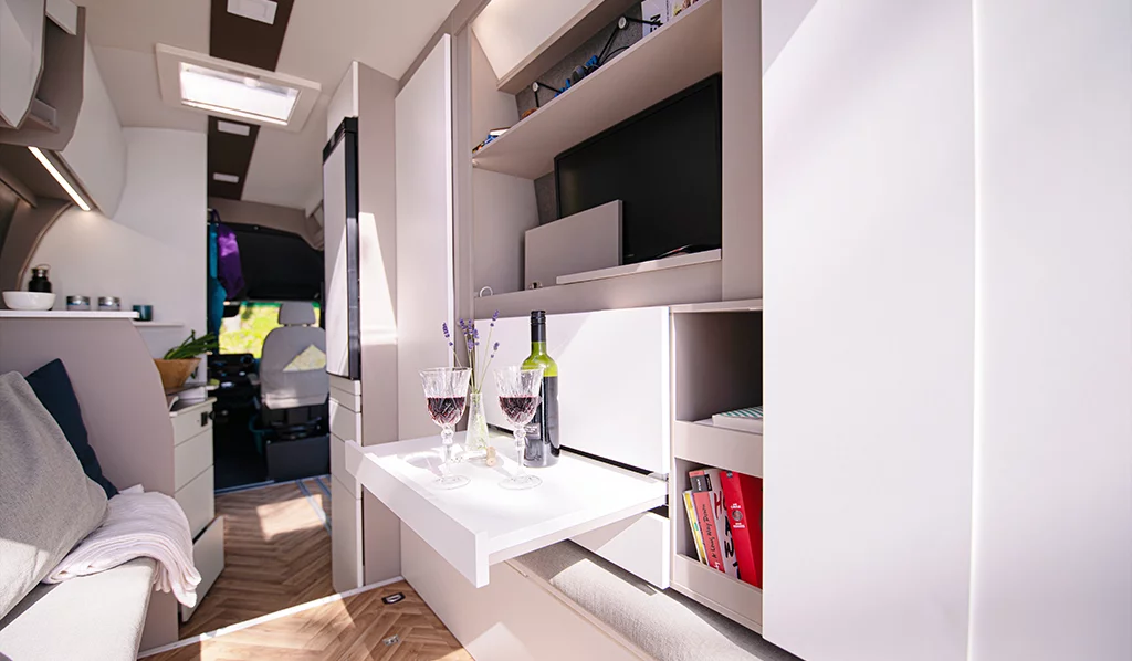 The Frankia Yucon 7.0's slide-out table works as a side table, coffee table and more