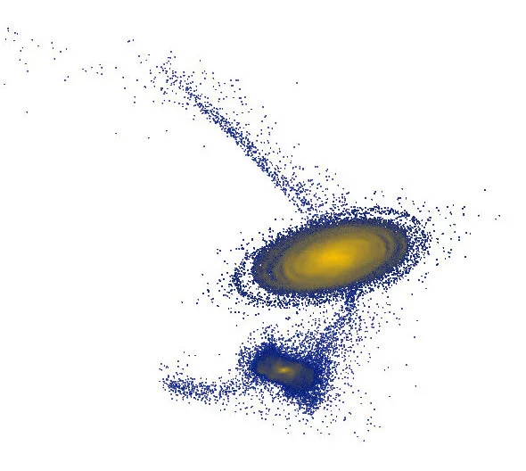 An image from the simulation, showing the path of the ghostly dwarf galaxy Antlia 2 (bottom cluster) after it passed through the Milky Way (middle)