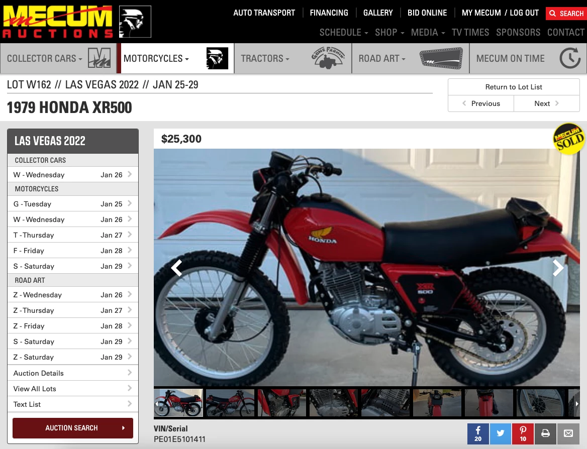 This 1979 Honda XR500 sold for $25,300 as Lot W162 at Mecum Auctions' Las Vegas sale on Wednesday, 26 January 2022