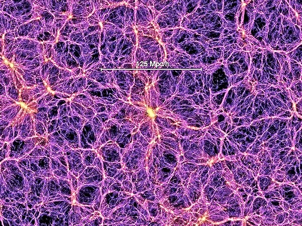 A view of the distribution of dark matter in our universe, based on the Millennium Simulation. The simulation is based on our current ideas about the universe's origin and evolution. It included ten billion particles, and consumed 343,000 cpu-hours