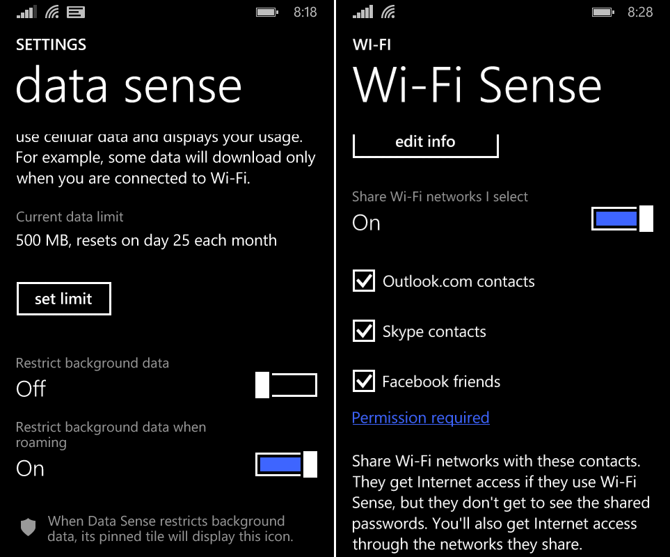 Data and Wi-Fi Sense let you save cell plan data and manage networks easier