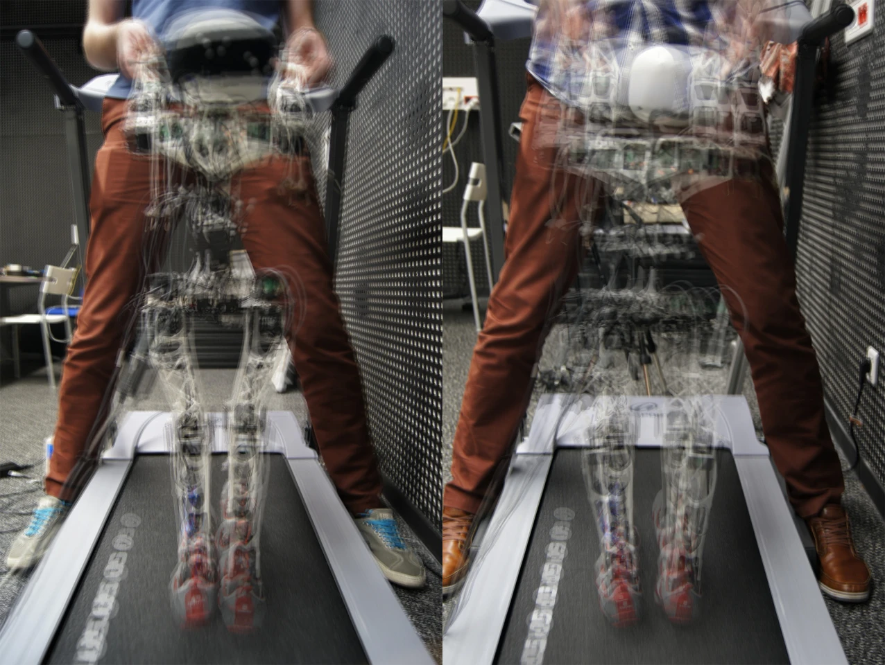 Here you can see the dramatic difference in lateral movement between the Poppy with bent thighs (left) and straight thighs (right) (Photo: Inria / H. Raguet)