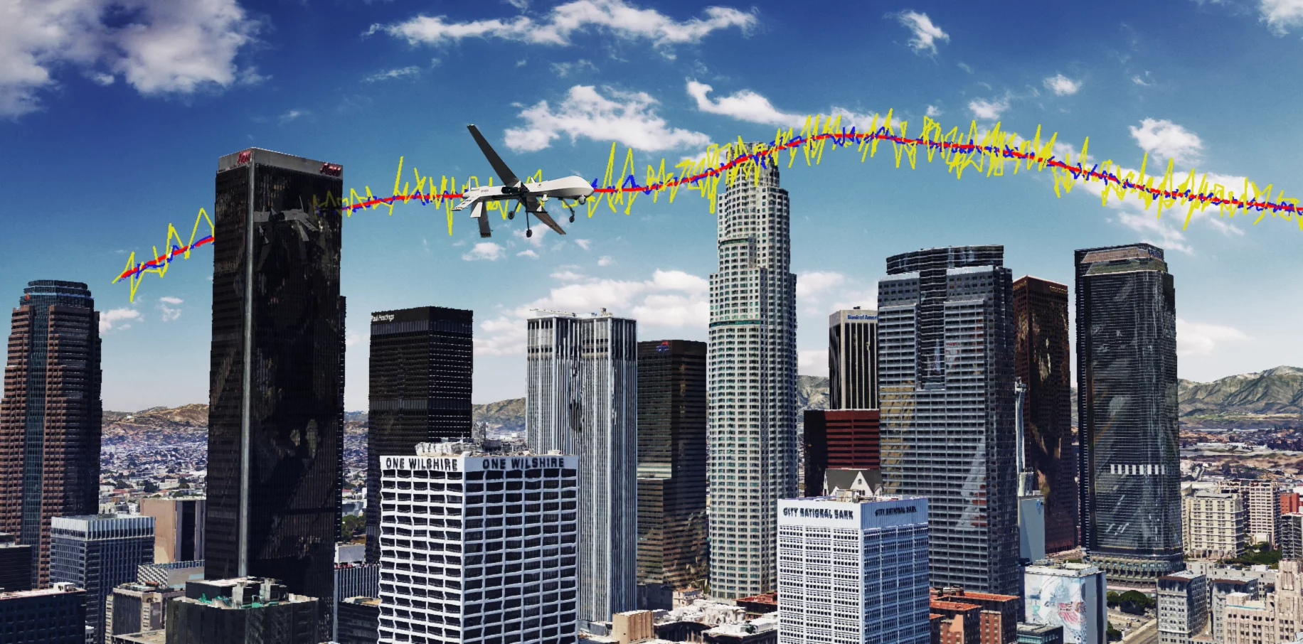 Simulation results for a unmanned drone flying over downtown Los Angeles showing the true trajectory (red line), from GPS only (yellow line), and GPS aided with cellular signals (blue line)