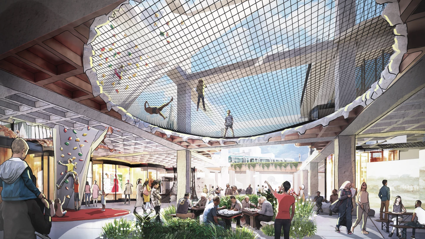 Broad Marsh will repurpose the derelict shopping center into a mixed-use space that includes a large net area and climbing wall