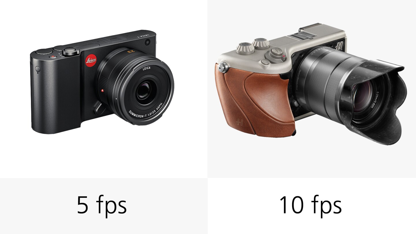 The Hasselblad Lunar wins the speed race with its maximum burst speed of 10 fps compared to the 5 fps of the Leica T