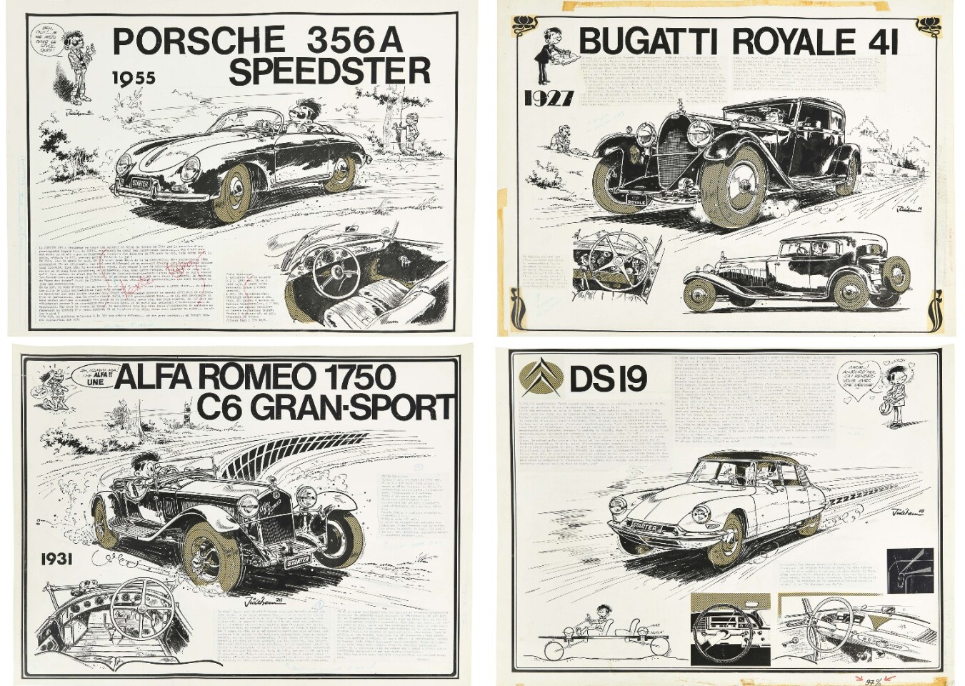 If you live in the United States, or for that matter, outside of Europe, it is difficult to comprehend the importance of matters automotive. In France, Germany and Great Britain, motor racing has for the last century been as much part of the daily conversation of the populace as the weather, and many automotive artifacts that are inconsequential in America, are of immense cultural importance in Europe. This is one such example, where the tradition of narrative art in Europe and the publication of the weekly comic art Le Journal de Spirou resulted in a much loved series of automotive posters by Jean de Mesmaeker (Jidéhem). The original art of the posters which comprised the The Chronicle of Starter were up for grabs and they did not disappoint. Sold for $7,964 (€6,500) each each.