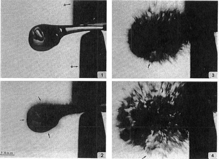 1994 high-speed photography images of an exploding Prince Rupert's drop