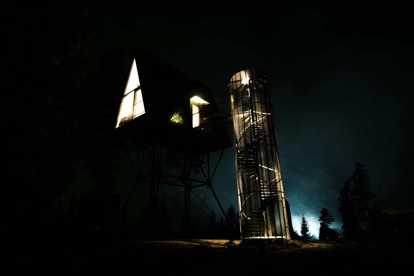 The Pan Treetop Cabins, shown at night