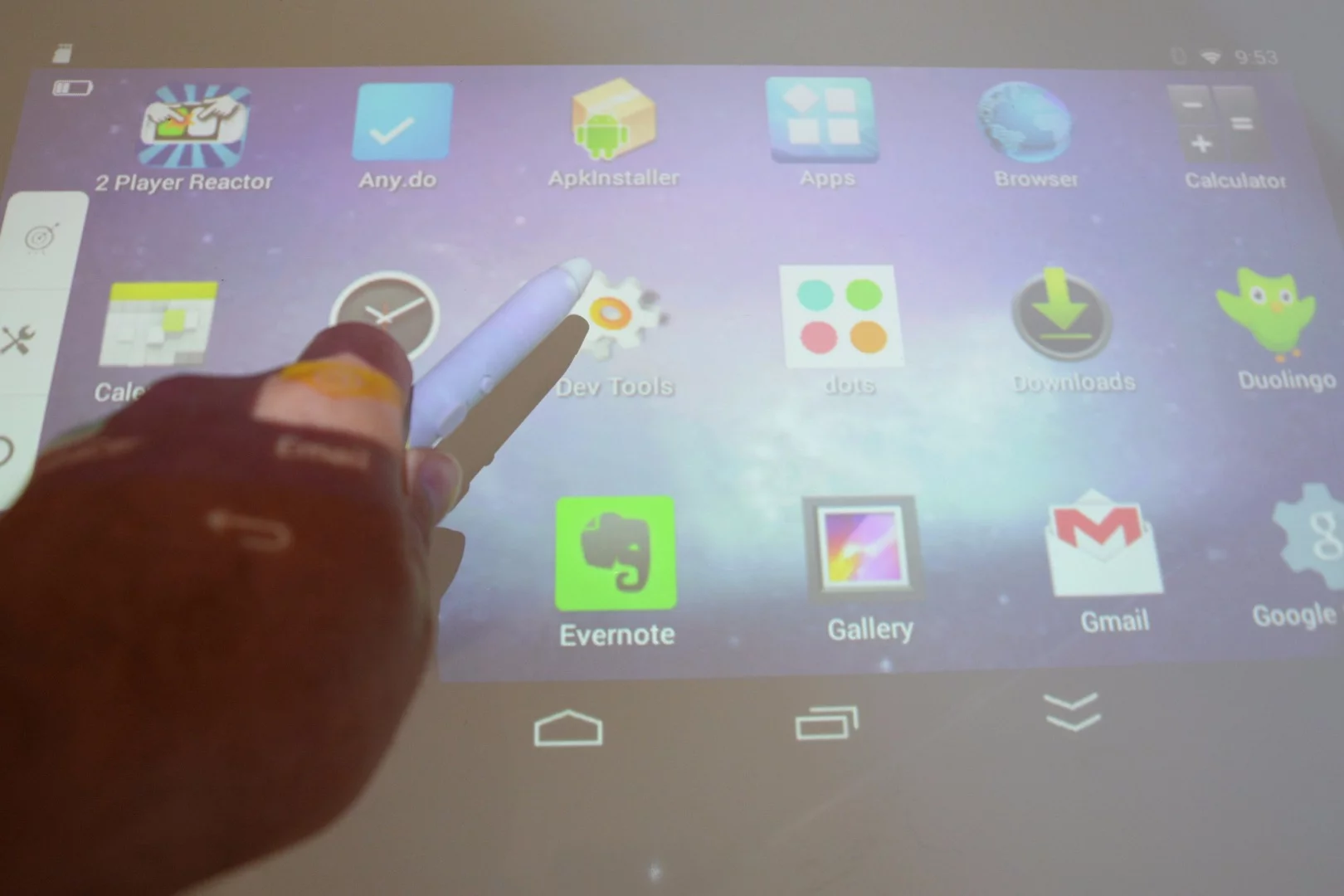 The Pond can be suspended from a tablet stand or tripod and used as an interactive overhead projector