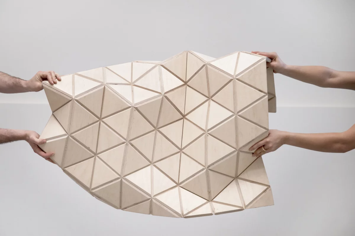 The current WoodSkin product is a sandwich of plywood triangular tiles with a textile mesh in-between (Image: MammaFotogramma)