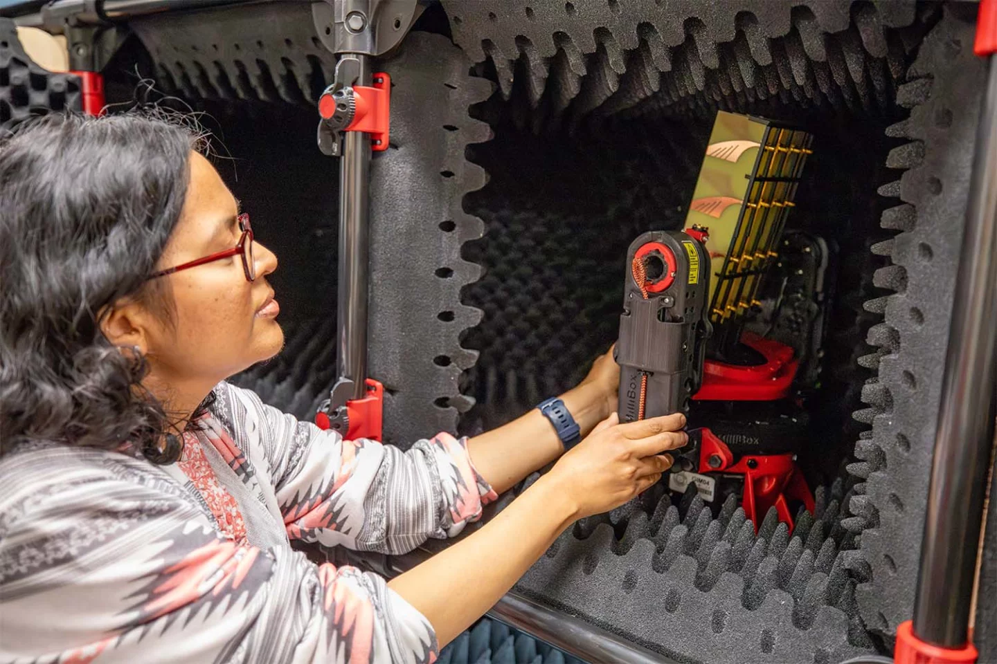 Dr. Ifana Mahbub uses a Millibox to check the antenna's over-the-air performance