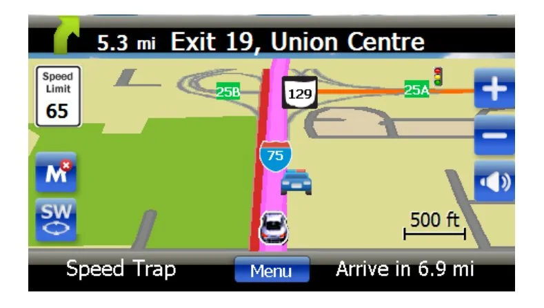 The display shows a known speed trap, the current speed limit
