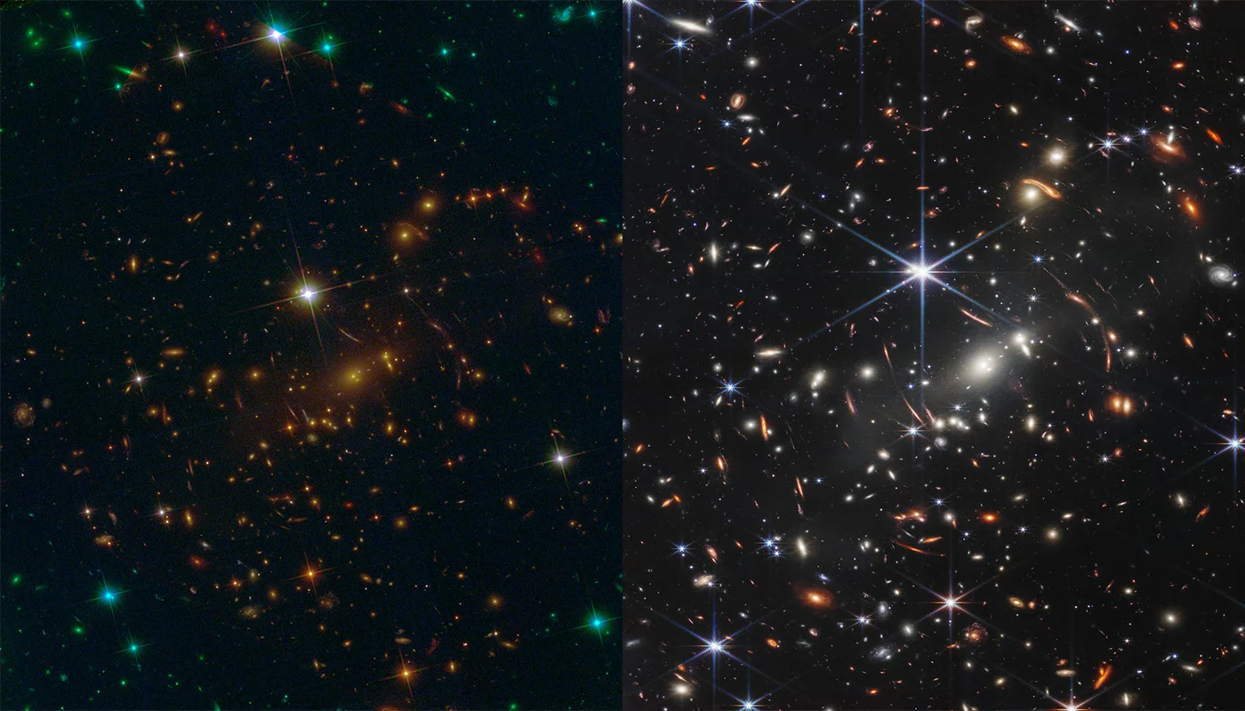 Two views of the galaxy cluster SMACS 0723 - Hubble on the left, James Webb on the right