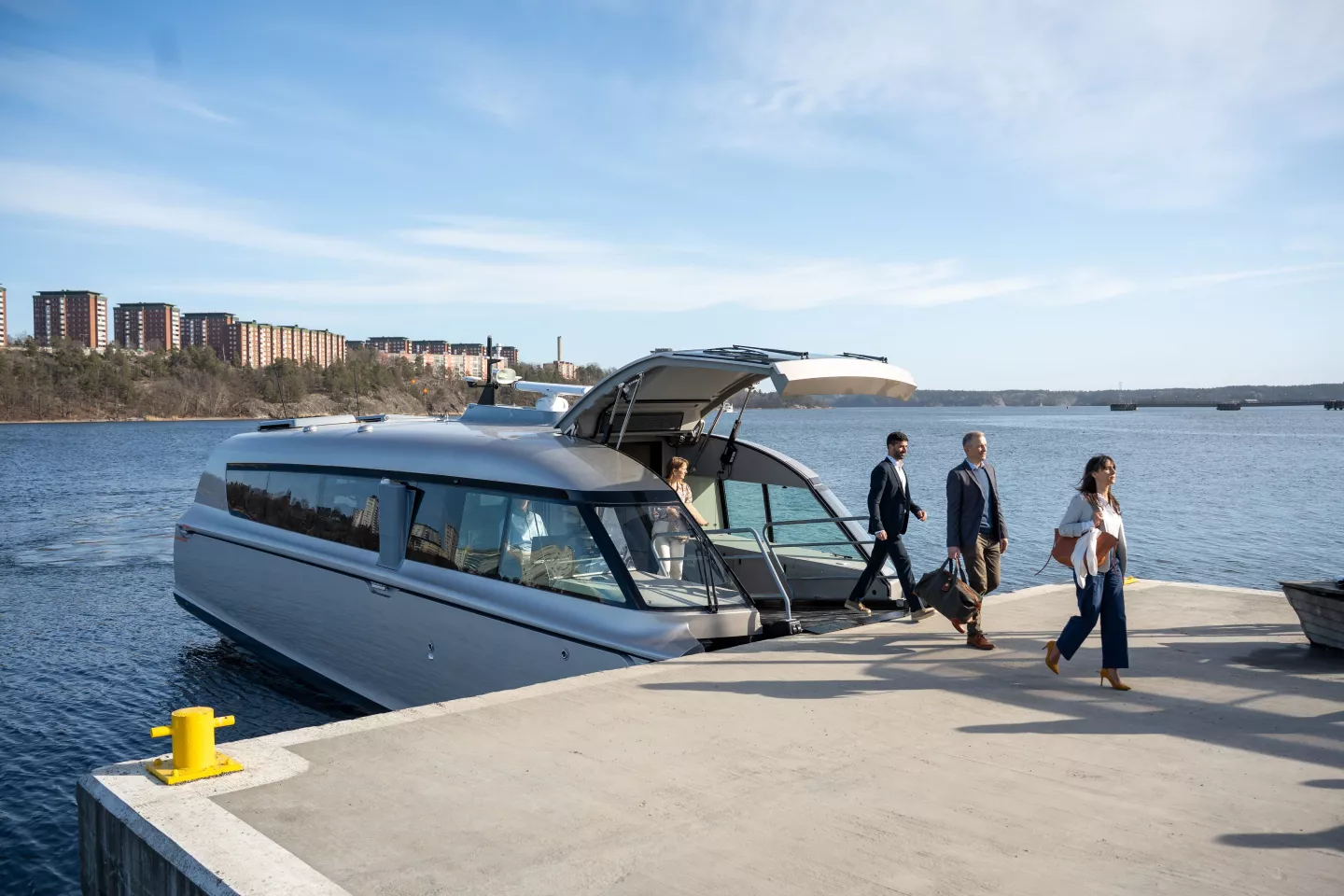 Range is 40 nautical miles at service speed, and the P-12 Business supports DC fast charging at up to 300 kW - meaning a port stop, not an overnight layover