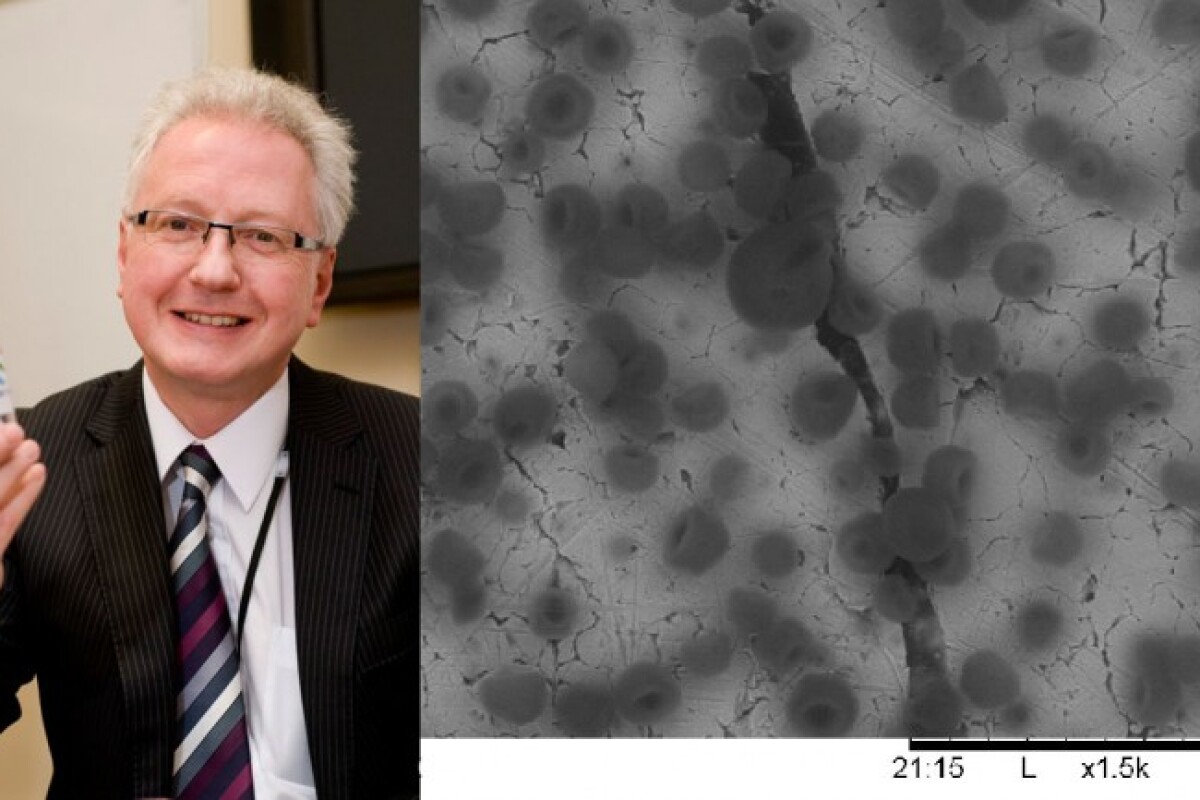 Cella Energy CEO Stephen Voller exhibits his breakthrough technology - right shows the fuel's hydrogen microbeads under a microscope