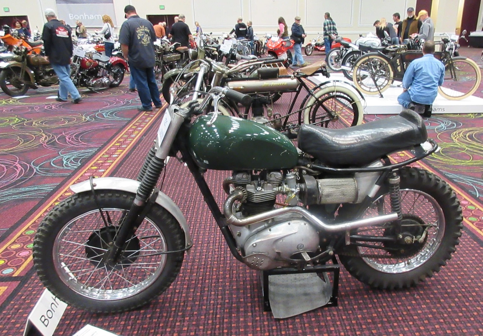 $103,500 – Steve McQueen's 1963 Triumph Bonneville Desert Sled - Bonhams Lot 121 was a 1963 Triumph Bonneville trail bike which was ridden extensively by Steve McQueen, after his friend and trail riding buddy Bud Ekins built it for him and another friend, Kenny Howard (better known as Von Dutch) painted it. The bike had a very conservative estimate of $50,000 to $60,000 given it had sold previously at a Bonhams auction in 2009 for $84,240, becoming the most expensive Triumph ever sold at auction. The modest price increase makes it is still the second most expensive Triumph ever sold at auction, exceeded by only the 1973 Triumph TRX Formula 750 triple (with a BSA three cylinder engine) which sold for $104,760 in 2014. The other McQueen bike on sale was the 1949 Indian Arrow which was used by Steve McQueen to teach his wife Barbara how to rebuild a carby. It failed to sell with a high bid of $50,000.