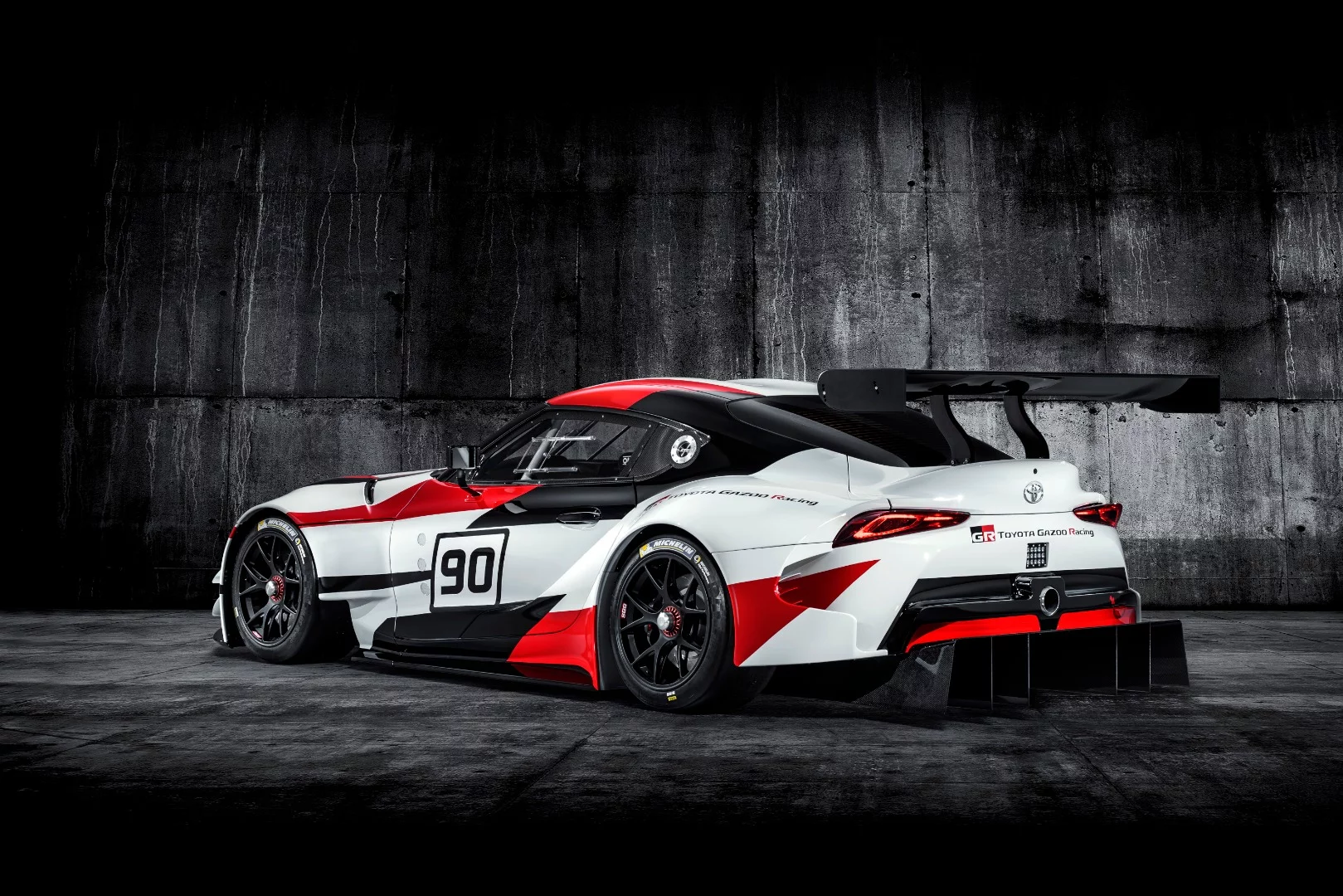 At this angle, the aero fin is more pronounced on the Toyota GR Supra Racing Concept