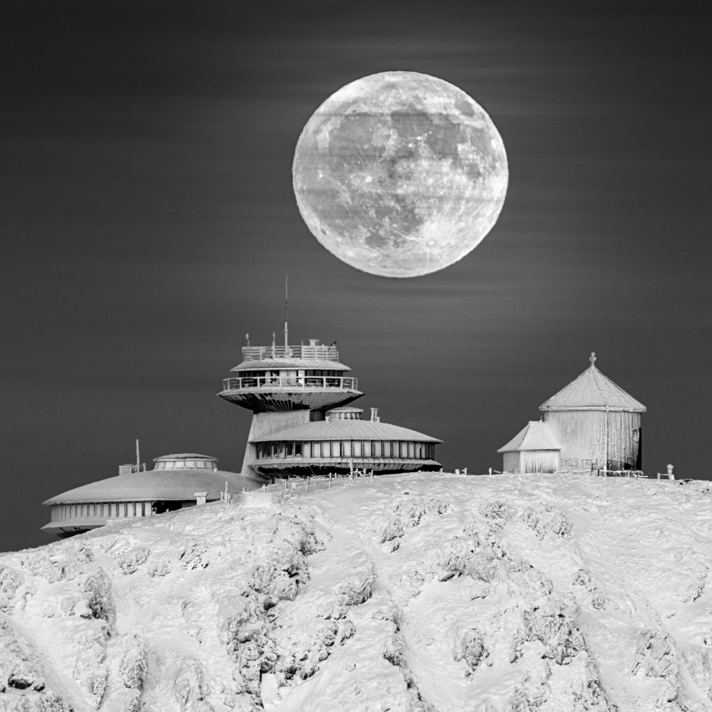 Highly Commended - Our Moon. Moon Base. This photo shows the Full Moon over the highest peak of the Krkonoše Mountains, Śnieżka