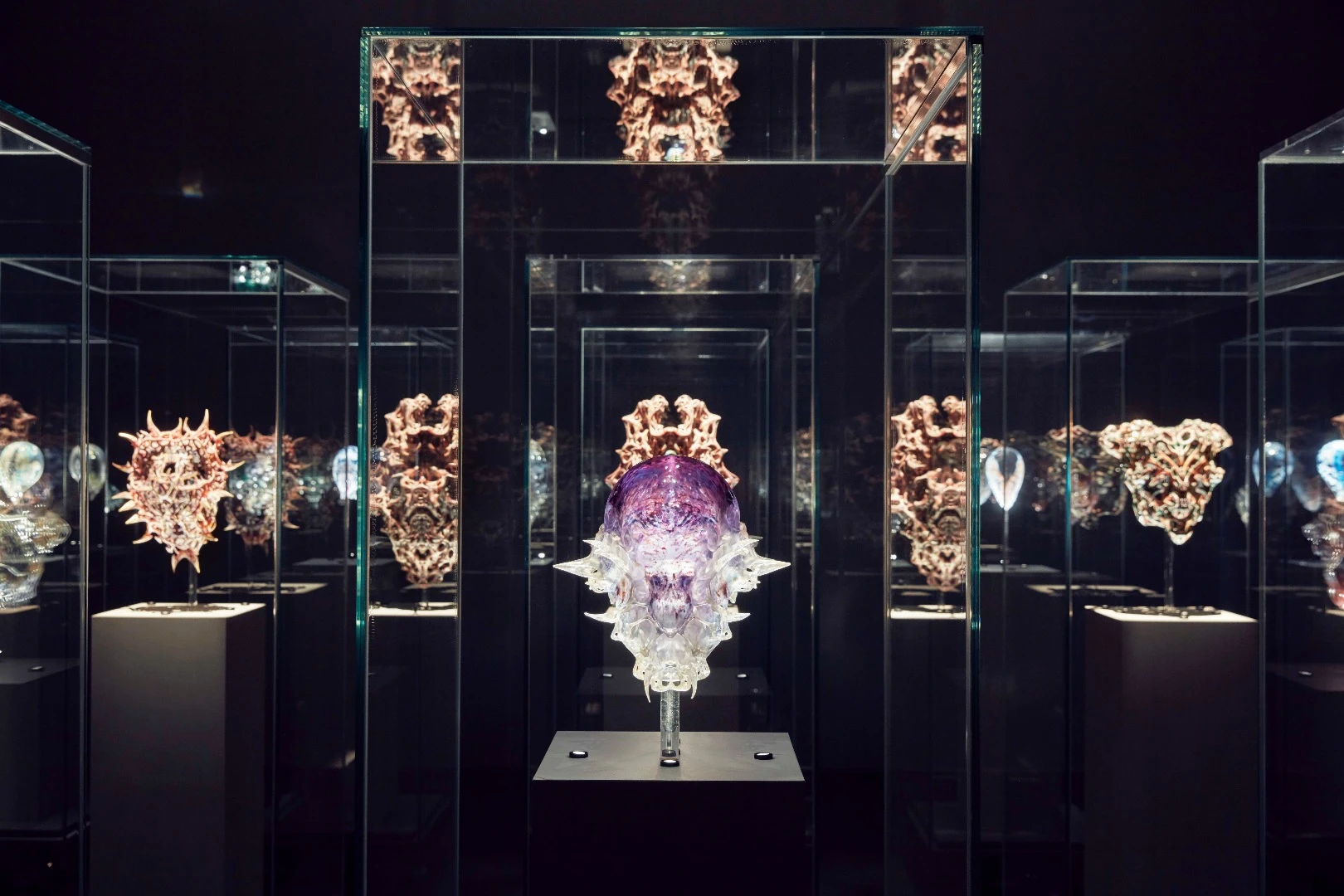 Installation view of Neri Oxman Vespers, Series 1 – 3, masks 1 – 5 2016 on display in NGV Triennial at NGV International, 2017
