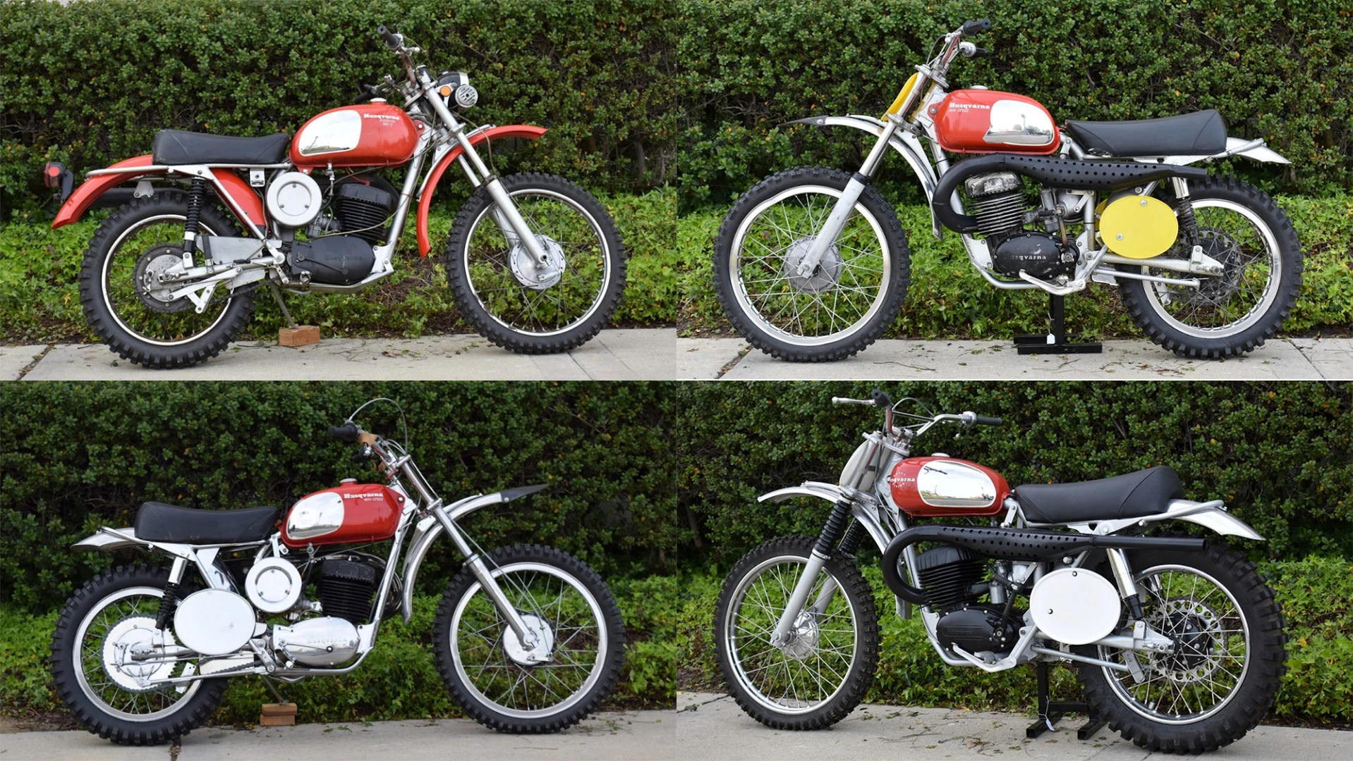 Top left is Lee Marvin's 1971 Husqvarna C Enduro 360. The 1971 Husqvarna 400 MX at top right was formerly owned by Charles Bronson. Bottom left is James Coburn's 1971 Husqvarna 400 MX. Bottom right is the 1970 Husqvarna 400 Cross of James Garner.