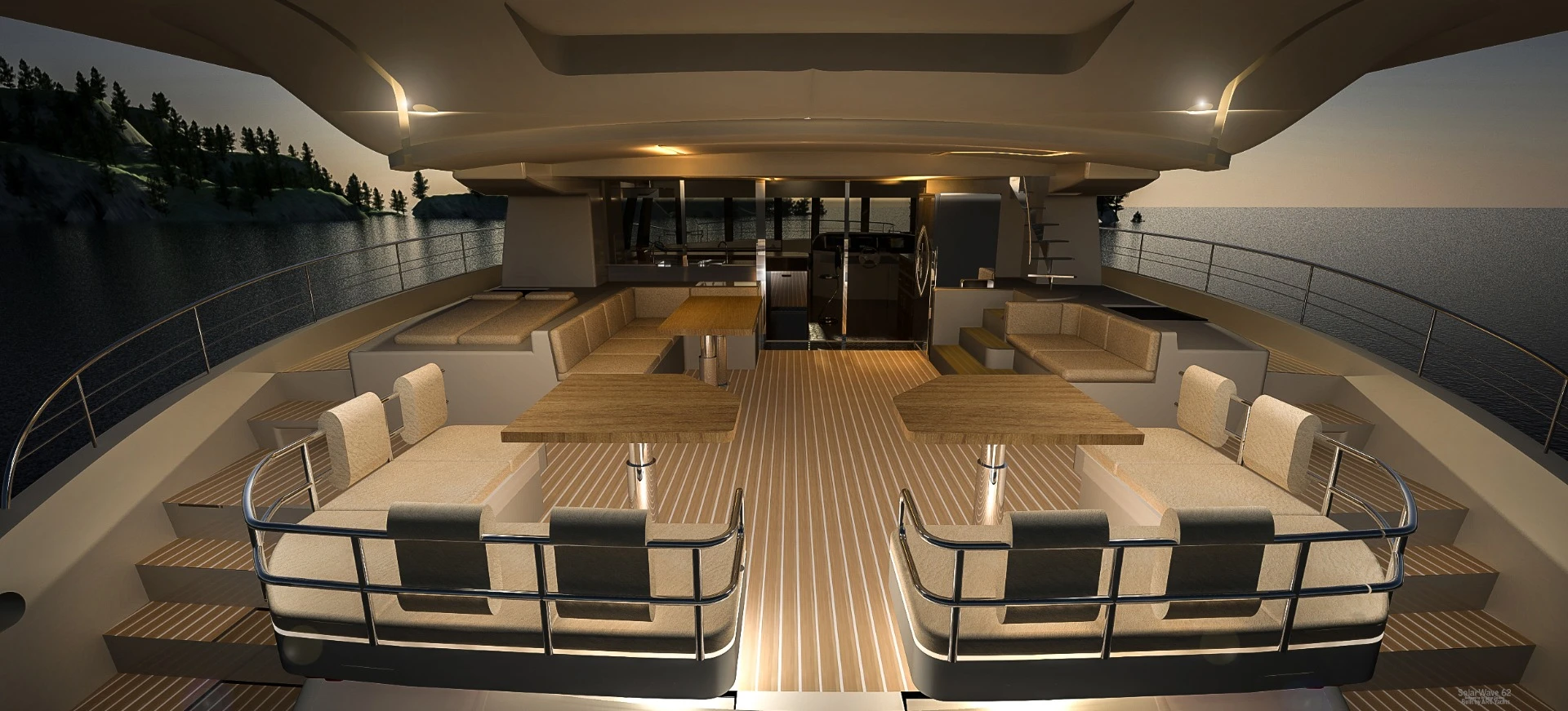 The yacht features a retractable roof top which can be closed during bad weather