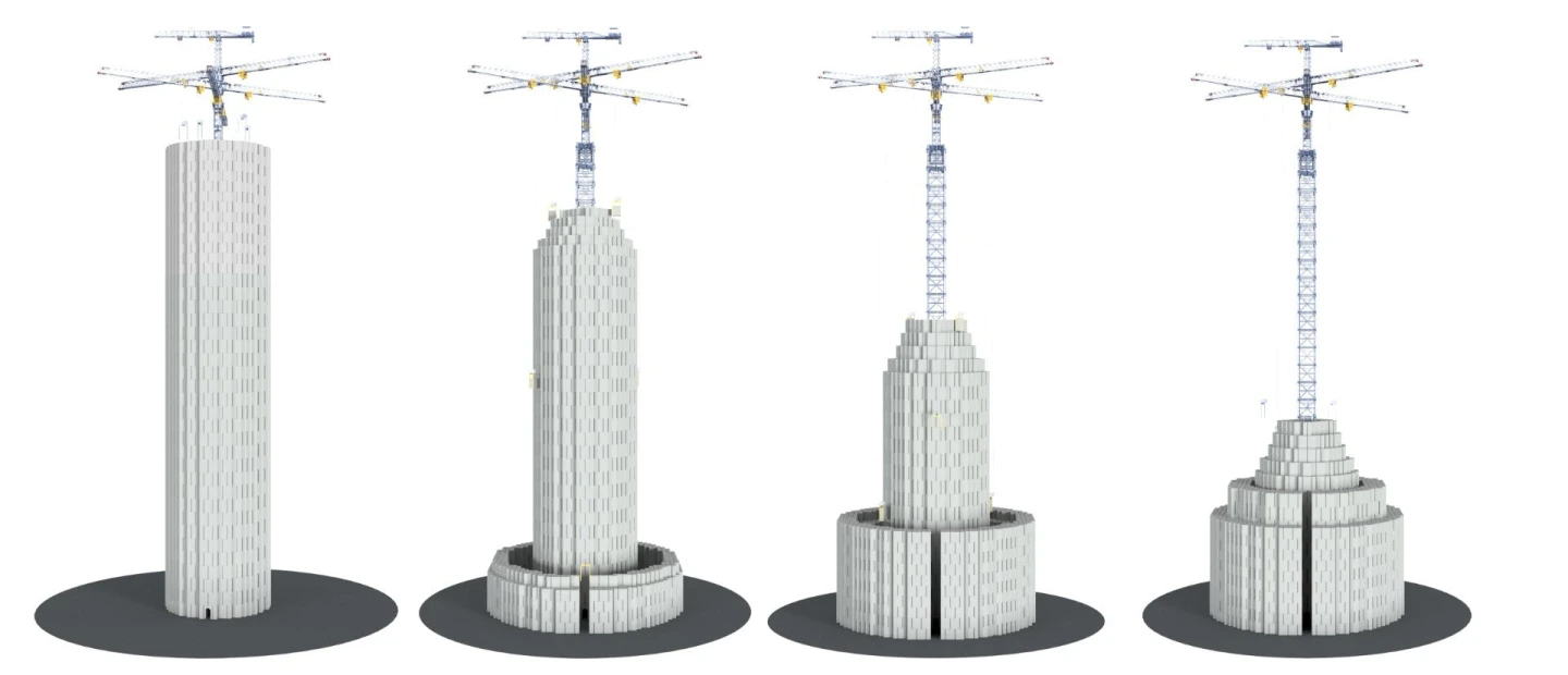 The Energy Vault system goes from fully charged (left) to empty (right)