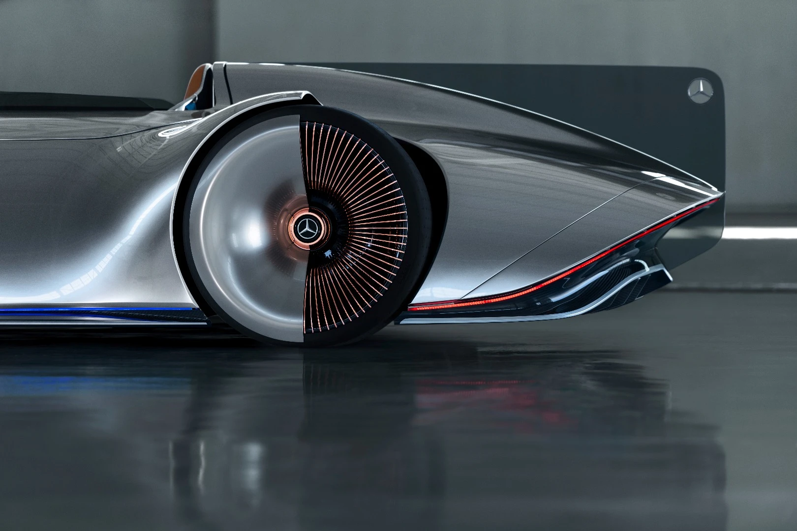 Each wheel of the Vision EQ Silver Arrow concept contains 168 lightweight aluminum spokes painted in rose gold