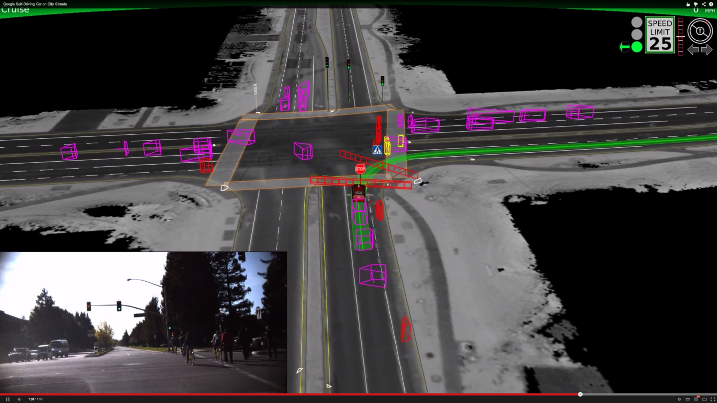 Google's self driving car waits for cyclists and pedestrians at an intersection
