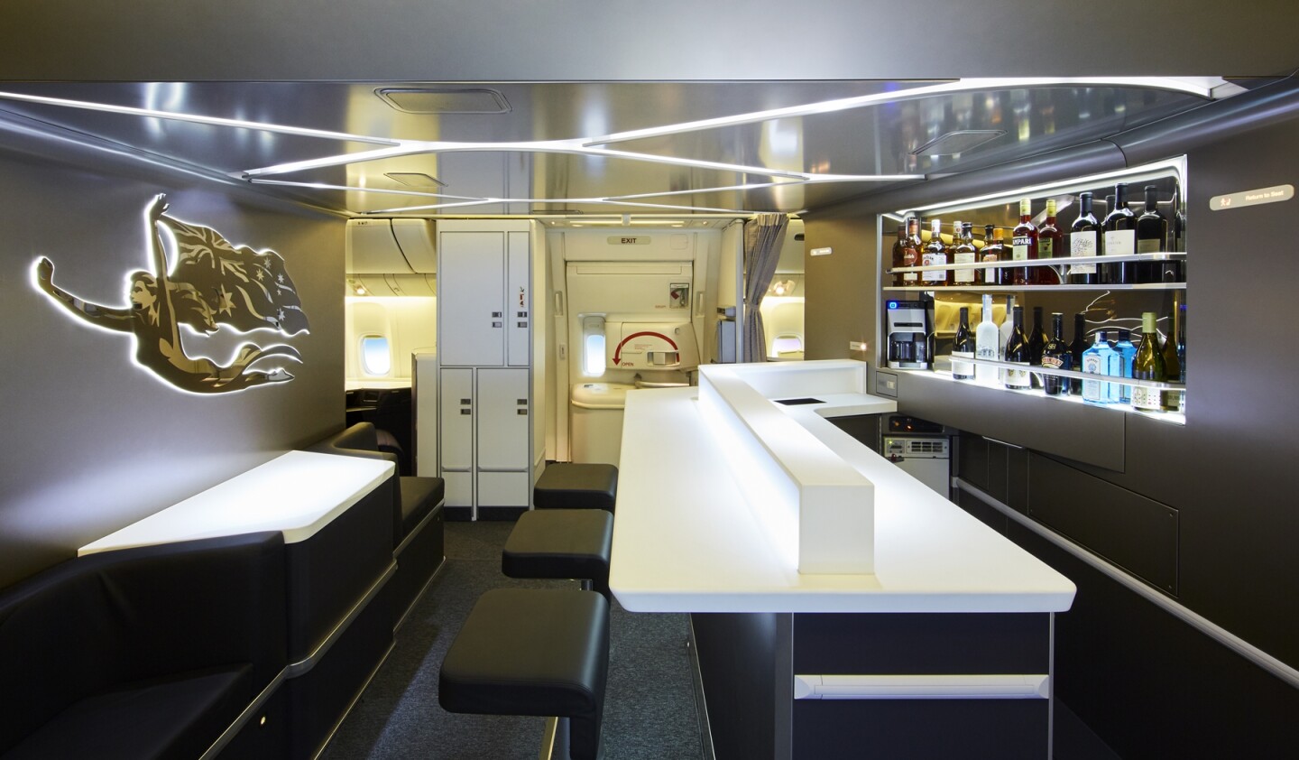 The business class bar opens after the first meal service