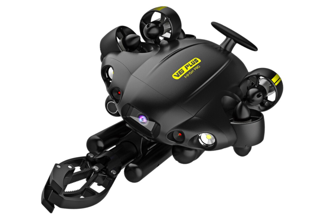 The Fifish Pro V6 Plus (pictured here with an optional grasping arm) is equipped with a 4K camera and LED spotlights which put out a combined 6,000 lumens, plus it can dive to a maximum depth of 150 m (492 ft)