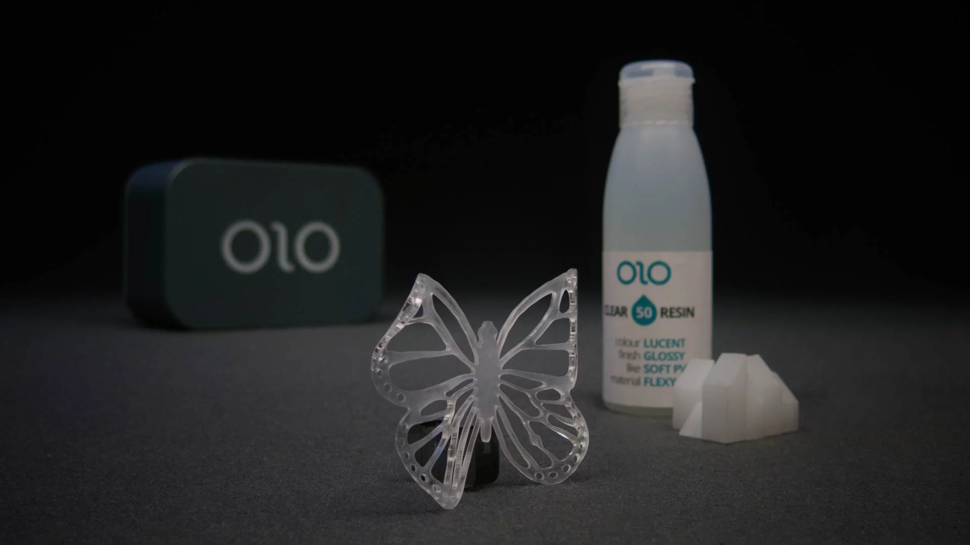 An OLO 3D print using the "flexy" clear 50 poly resin, similar to soft PVC