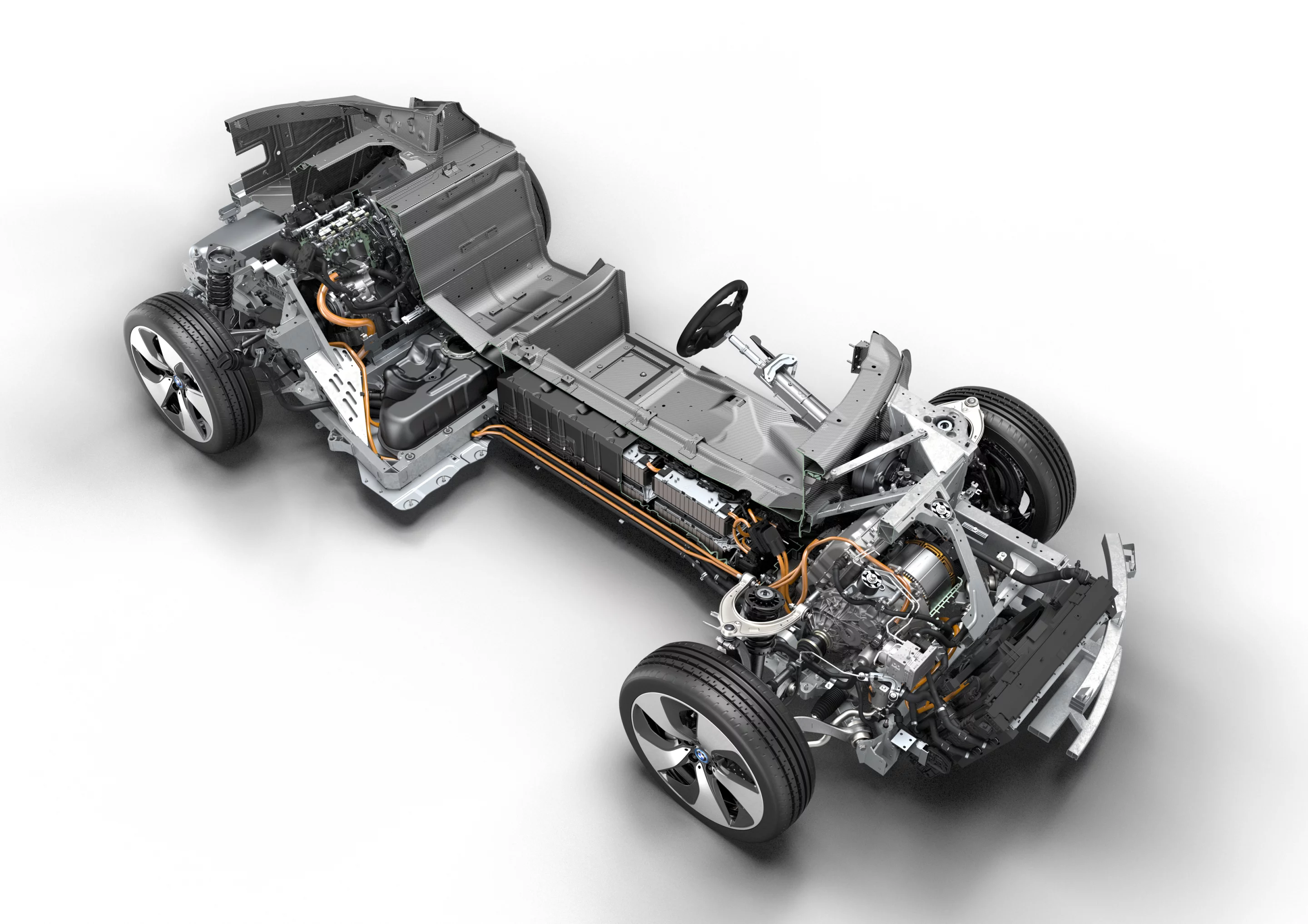 The BMW i8's hybrid powertrain - electric at the front, combustion at the rear