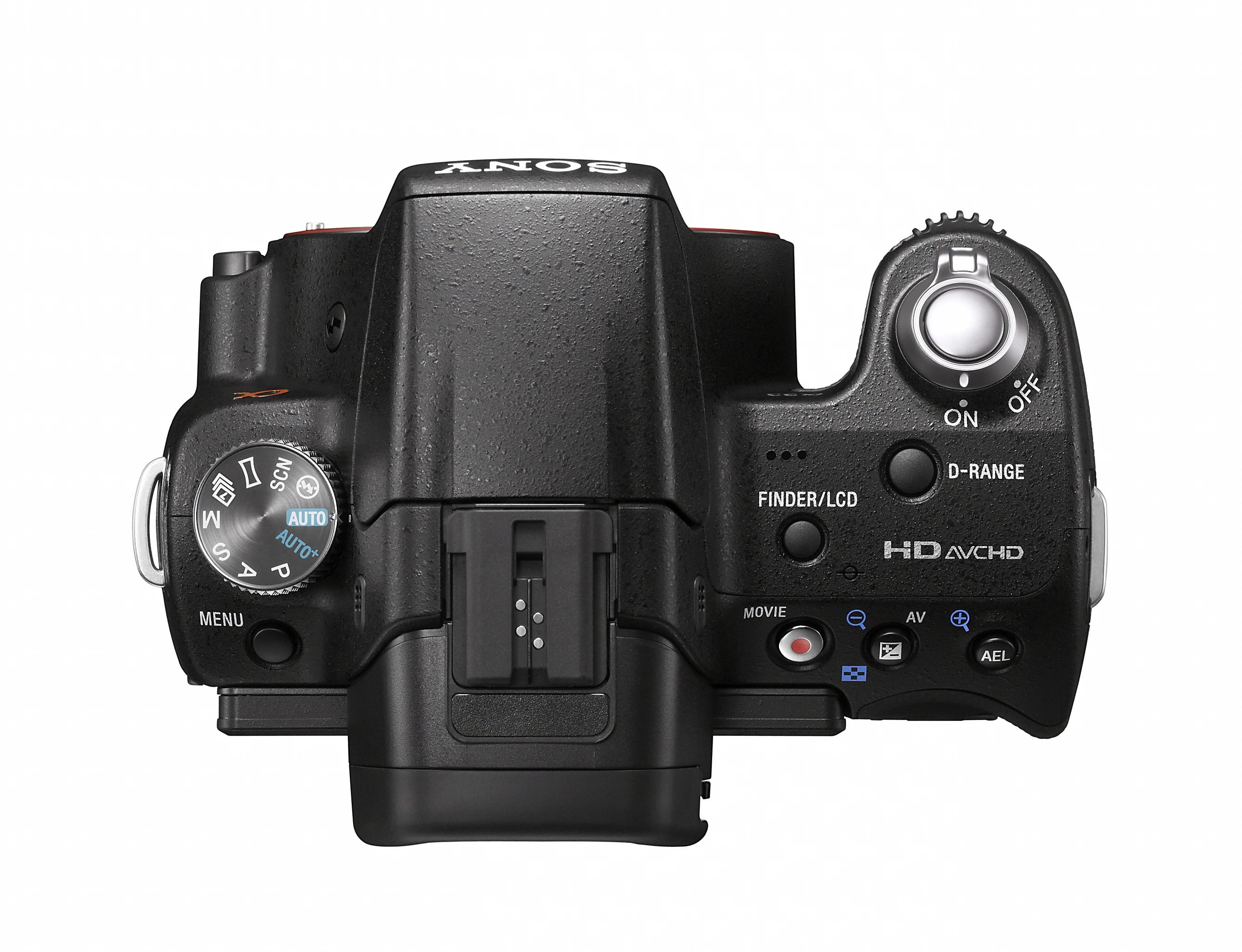 The controls on top of the SLT-A33, with familiar PASM dial and a dedicated movie button, a button for switching between Live View and viewfinder and the shutter release