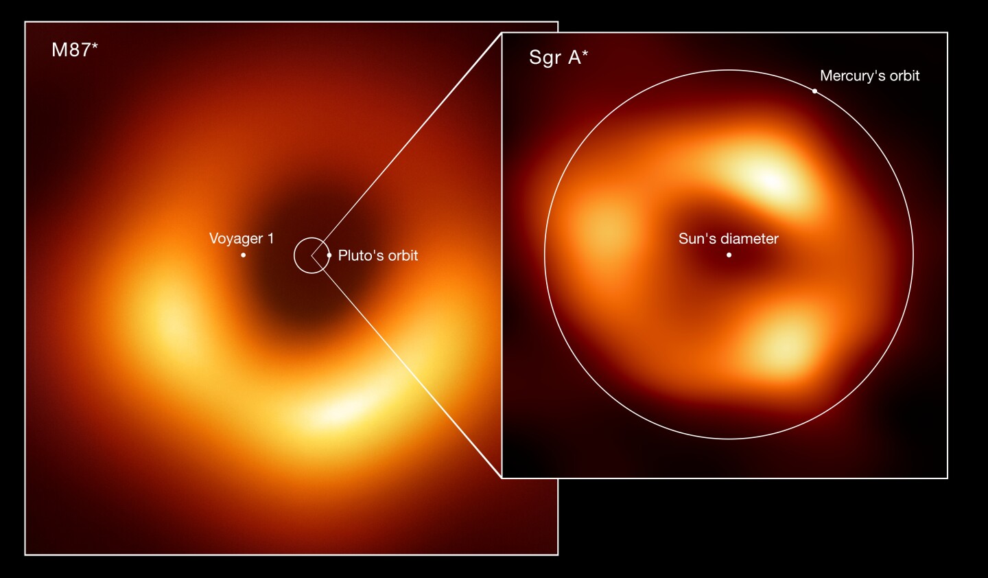 Size comparison the the M87* black hole at the center of the Meisser 87 galaxy and the Sgr A* black at the heart of the Milky Way, both imaged by the Event Horizon Telescope Collaboration