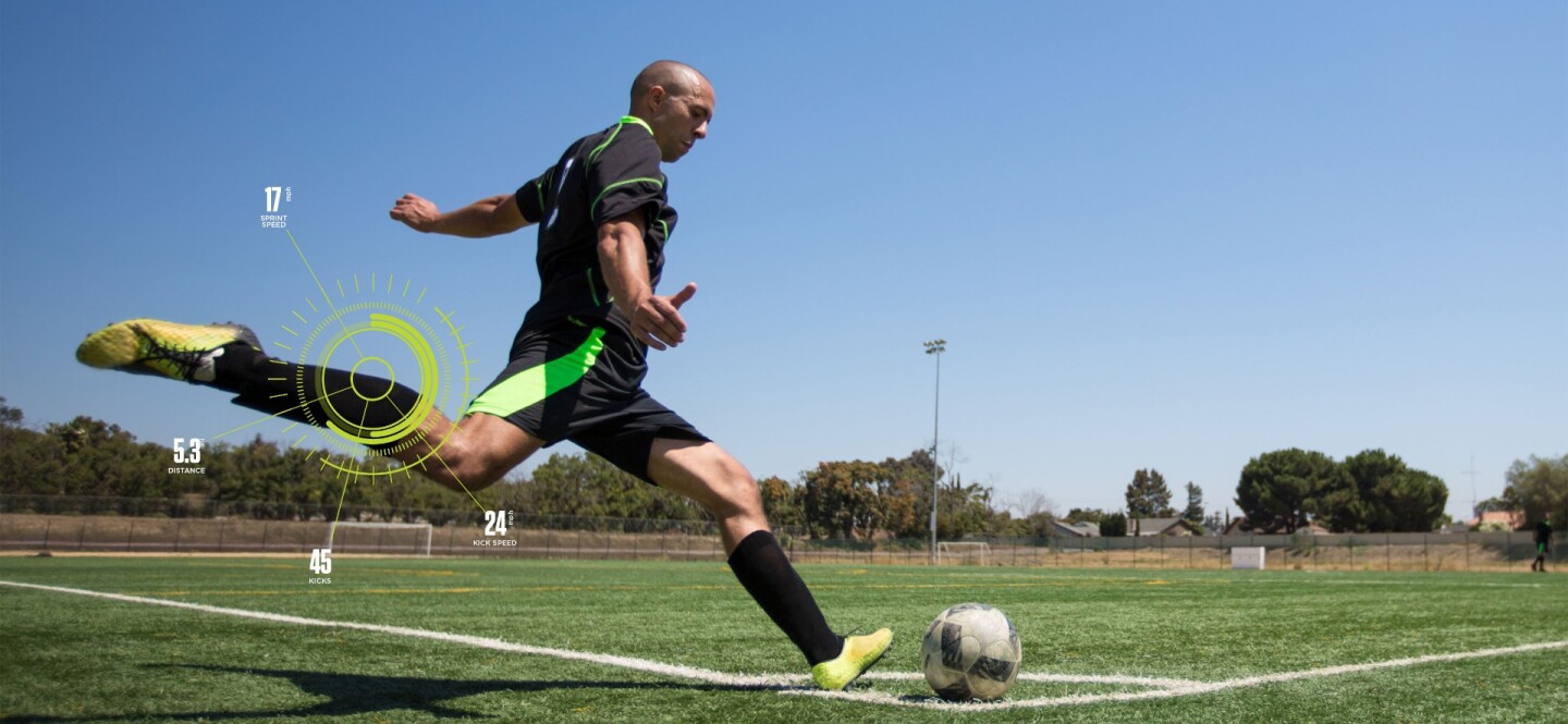 Sensor for soccer slides onto calves to track your roundball prowess