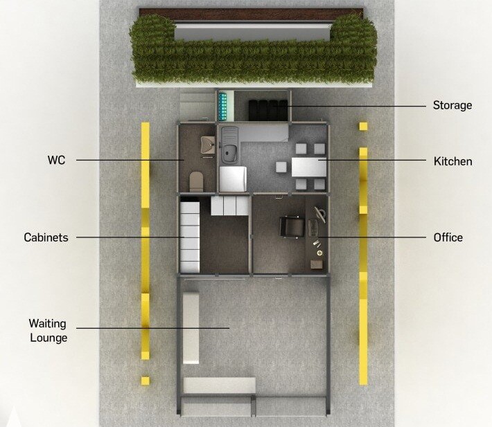 The top-down view of the floor-plan shows just how much has been squeezed into a compact building designed for urban spaces