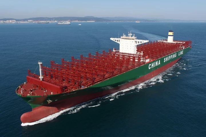 The CSCL Globe, shown here on sea trials, has embarked on its maiden voyage (Photo: HHI)